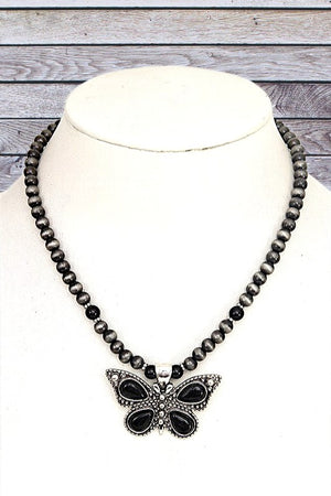 BUTTERFLY GEM PENDANT BALL BEAD NECKLACE