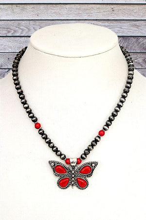 BUTTERFLY GEM PENDANT BALL BEAD NECKLACE