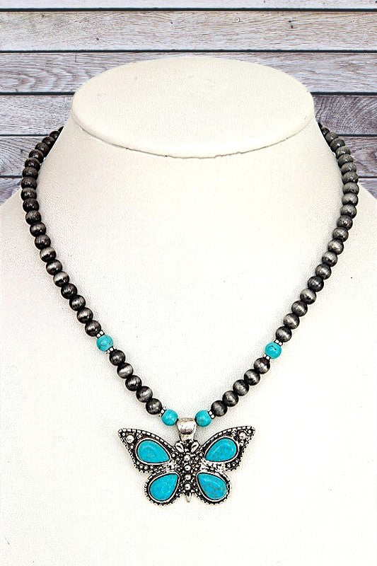 BUTTERFLY GEM PENDANT BALL BEAD NECKLACE