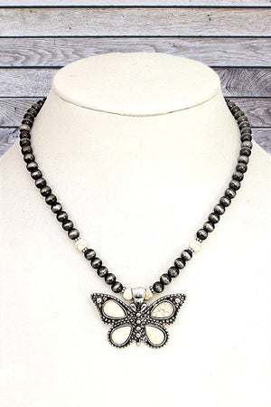 BUTTERFLY GEM PENDANT BALL BEAD NECKLACE