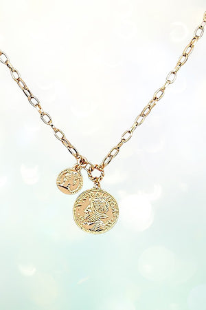 DOUBLE ETCHED COIN PENDANT CHAIN NECKLACE AND BALL POST EARRING SET