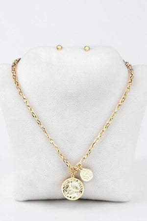 DOUBLE ETCHED COIN PENDANT CHAIN NECKLACE AND BALL POST EARRING SET
