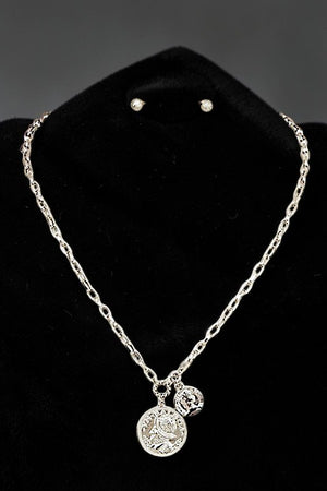 DOUBLE ETCHED COIN PENDANT CHAIN NECKLACE AND BALL POST EARRING SET