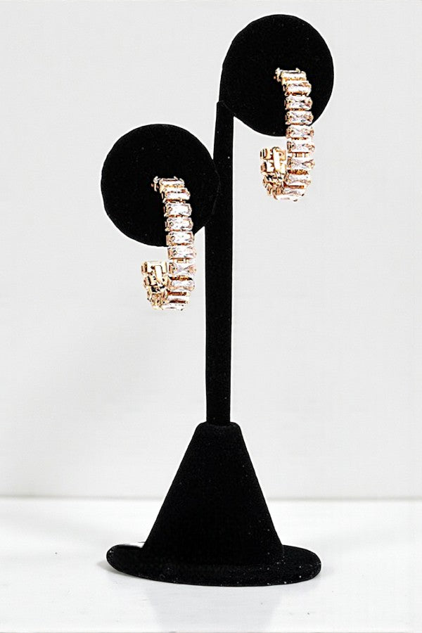 CZ STONE PAVE CURVED SEMI HOOP EARRING