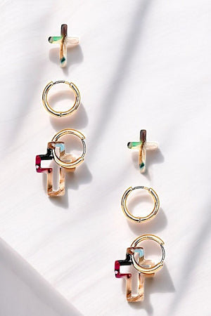 ACETATE CROSS POST AND HOOP EARRING SET