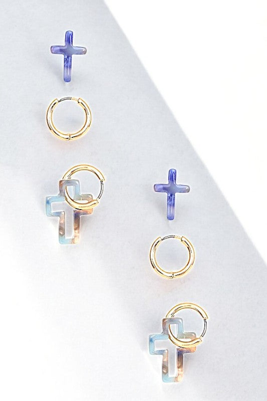 ACETATE CROSS POST AND HOOP EARRING SET