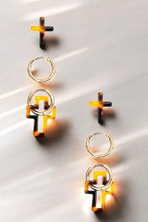 ACETATE CROSS POST AND HOOP EARRING SET