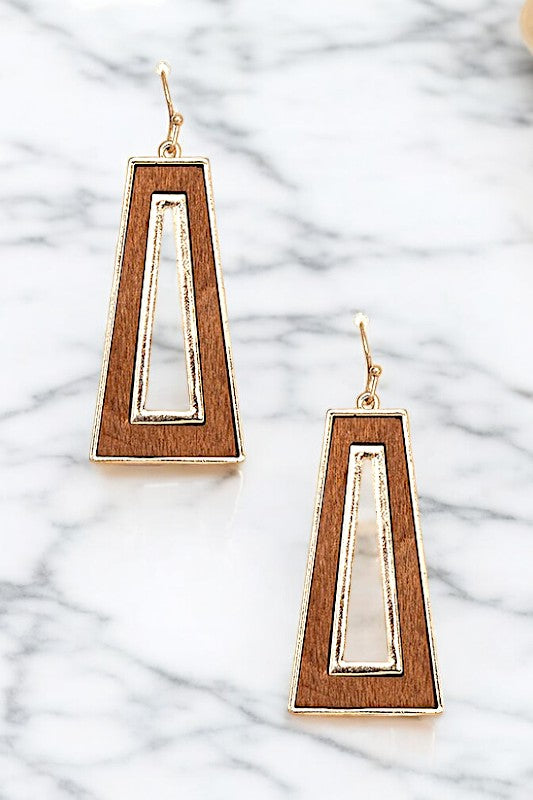 TRAPEZOID WOOD CUT OUT FRAMED EARRING