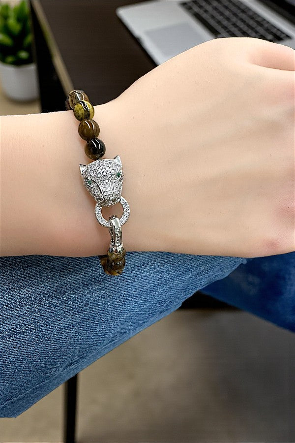 CZ STONE JAGUAR HEAD BEADED BRACELET