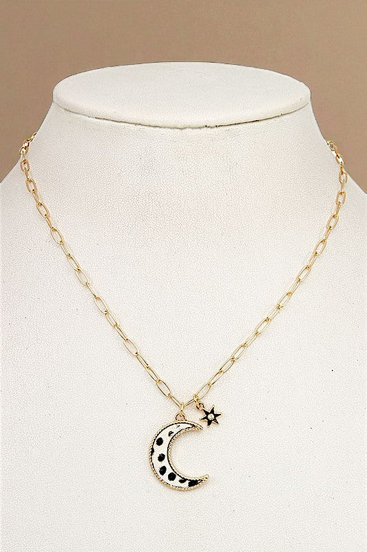 ANIMAL PRINT CRESCENT MOON PENDANT NECKLACE