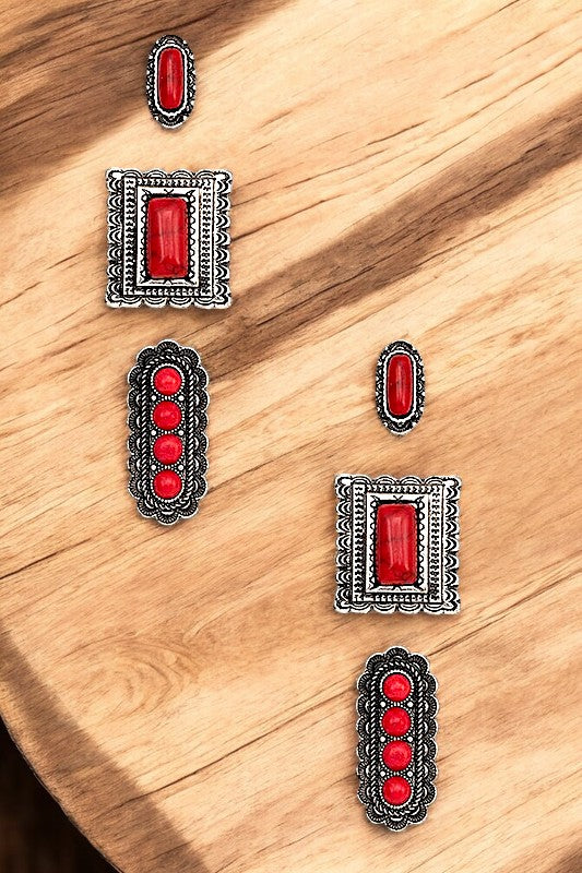 RECTANGLE GEM FRAMED POST EARRING SET