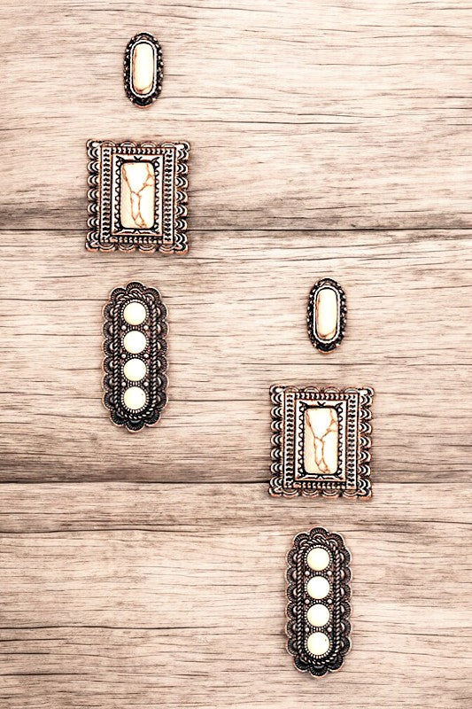 RECTANGLE GEM FRAMED POST EARRING SET