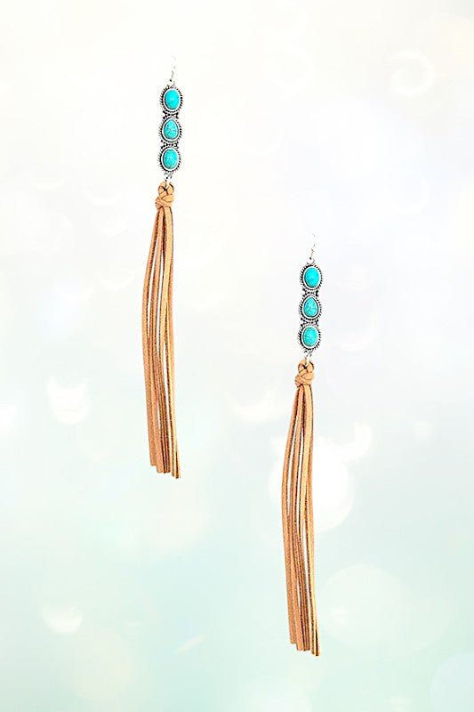 OBLONG TRIPLE GEM TASSEL DANGLE EARRING