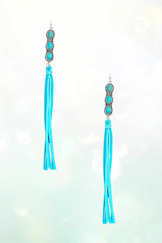 OBLONG TRIPLE GEM TASSEL DANGLE EARRING