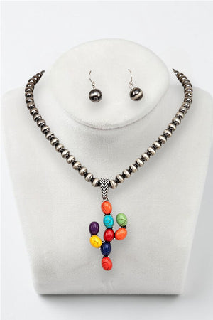GEMSTONE CACTUS PENDANT BEADED  NECKLACE EARRING SET