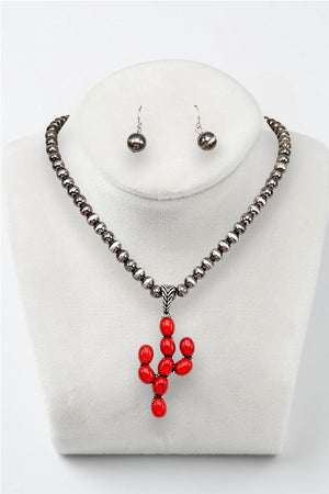GEMSTONE CACTUS PENDANT BEADED  NECKLACE EARRING SET