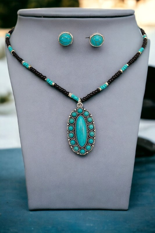 Seed Bead Oval Gem Pendant Necklace Set