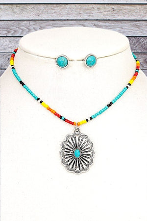 TQ GEM ACCENT CONCHO PENDANT BEADED NECKLACE SET