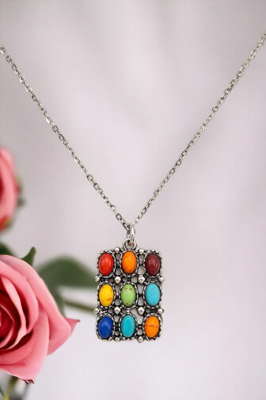 Rectangle Gemstone Pendant Necklace Set