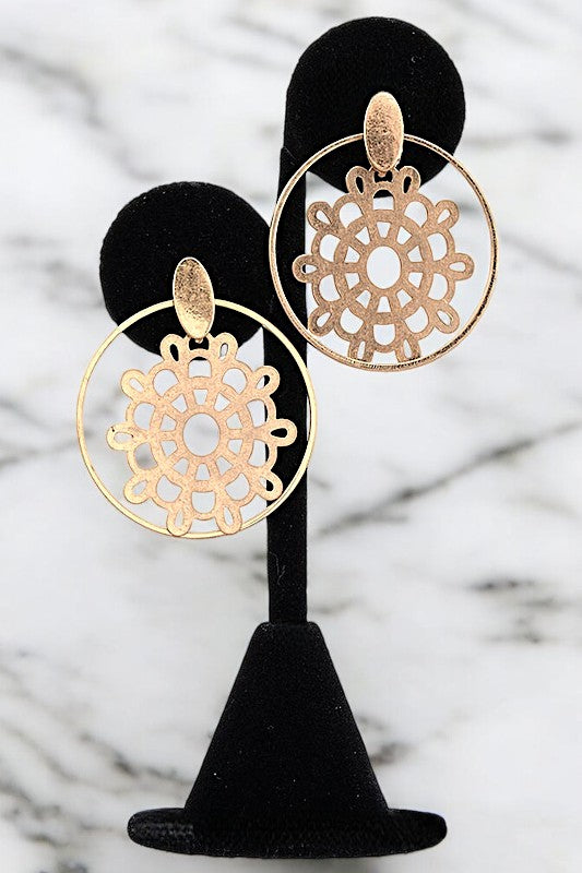 ROUND FLORAL CUT OUT DROP EARRING