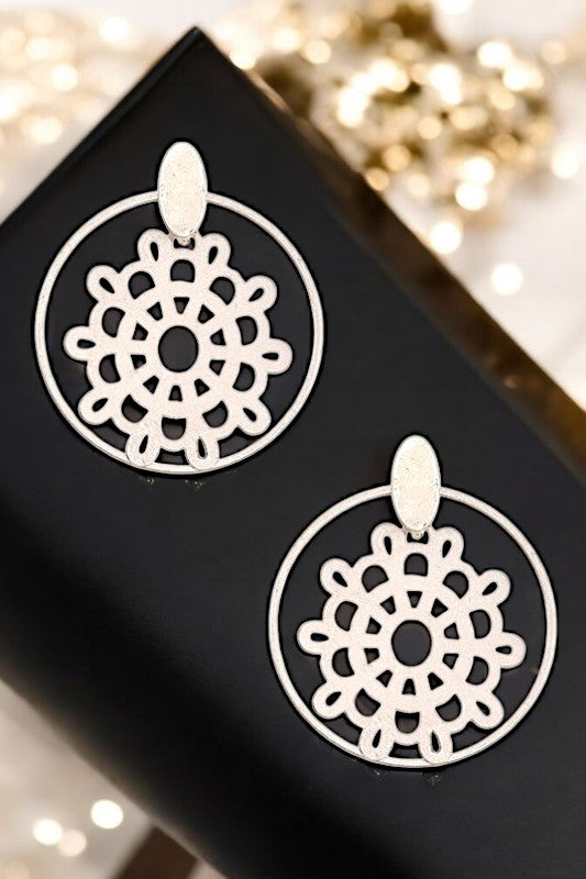 ROUND FLORAL CUT OUT DROP EARRING