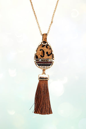 BEADED FAUX LEATHER TEARDROP TASSEL DANGLE PENDANT NECKLACE AND BALL POST EARRING SET