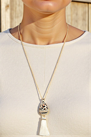 BEADED FAUX LEATHER TEARDROP TASSEL DANGLE PENDANT NECKLACE AND BALL POST EARRING SET