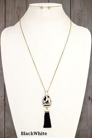 BEADED FAUX LEATHER TEARDROP TASSEL DANGLE PENDANT NECKLACE AND BALL POST EARRING SET