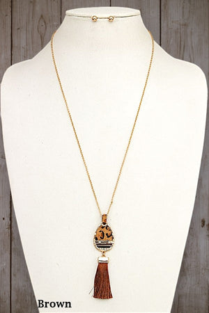 BEADED FAUX LEATHER TEARDROP TASSEL DANGLE PENDANT NECKLACE AND BALL POST EARRING SET