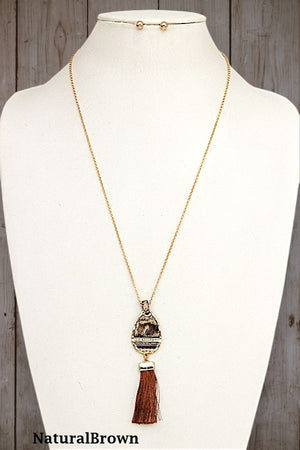 BEADED FAUX LEATHER TEARDROP TASSEL DANGLE PENDANT NECKLACE AND BALL POST EARRING SET