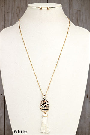 BEADED FAUX LEATHER TEARDROP TASSEL DANGLE PENDANT NECKLACE AND BALL POST EARRING SET