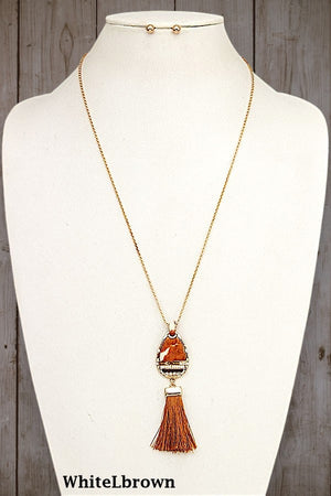 BEADED FAUX LEATHER TEARDROP TASSEL DANGLE PENDANT NECKLACE AND BALL POST EARRING SET