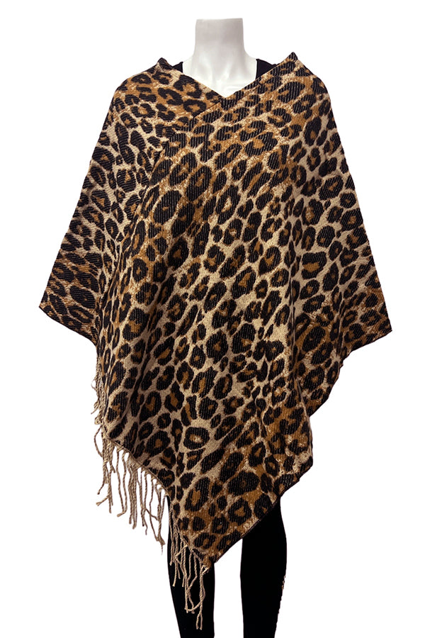 Animal Print Fringe End Poncho