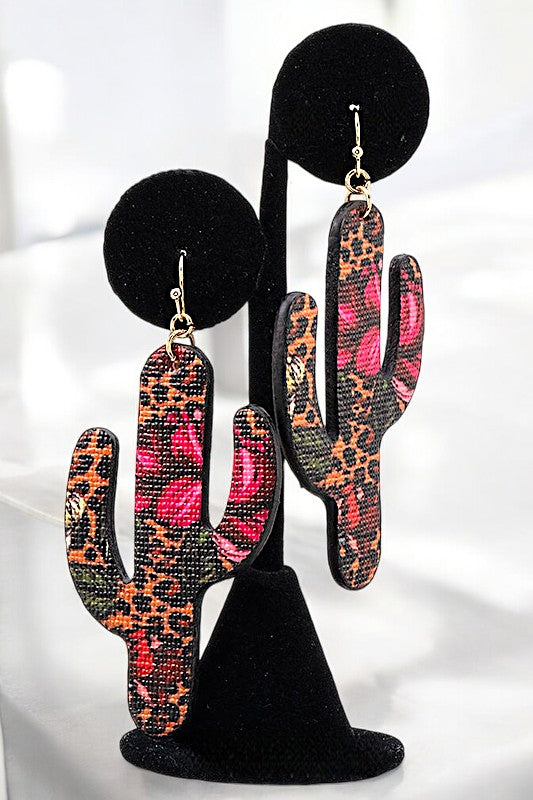 FLORAL ANIMAL PRINT CACTUS DANGLE EARRING