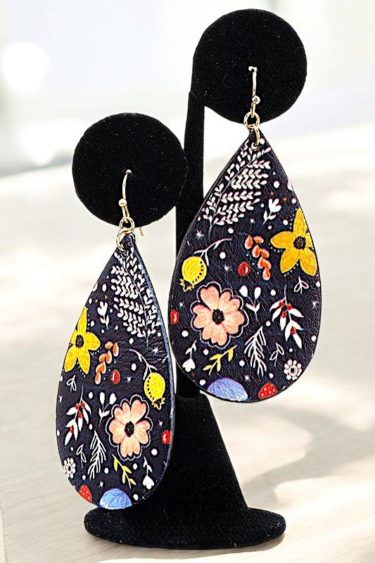 FLORAL PRINT TEARDROP DANGLE EARRING