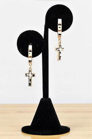 GENUINE LEATHER CROSS DANGLE SEMI HOOP EARRING