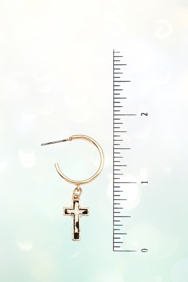 GENUINE LEATHER CROSS DANGLE SEMI HOOP EARRING