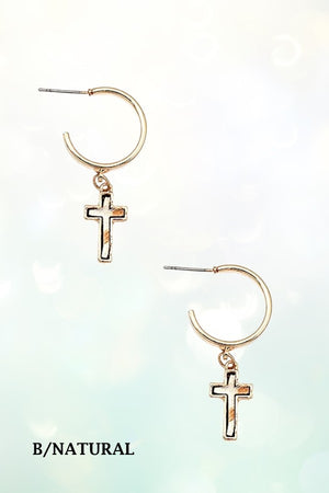 GENUINE LEATHER CROSS DANGLE SEMI HOOP EARRING