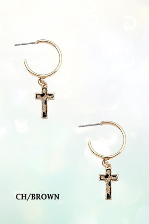 GENUINE LEATHER CROSS DANGLE SEMI HOOP EARRING