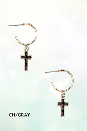 GENUINE LEATHER CROSS DANGLE SEMI HOOP EARRING