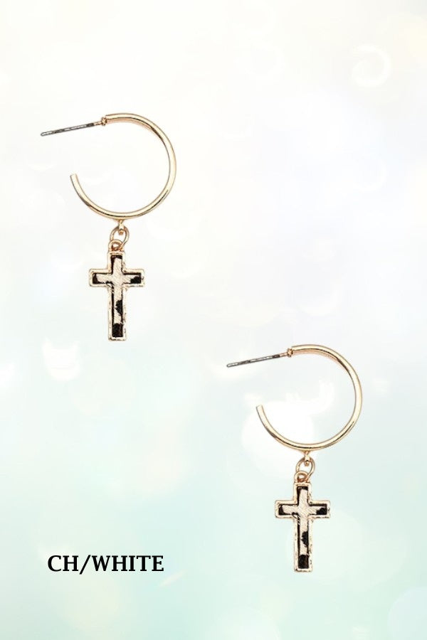 GENUINE LEATHER CROSS DANGLE SEMI HOOP EARRING