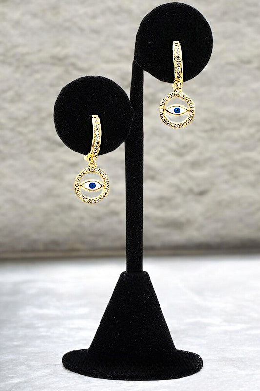 CZ STONE PAVE EVIL EYE DROP EARRING