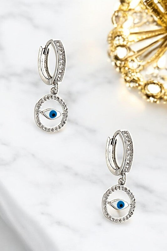 CZ STONE PAVE EVIL EYE DROP EARRING