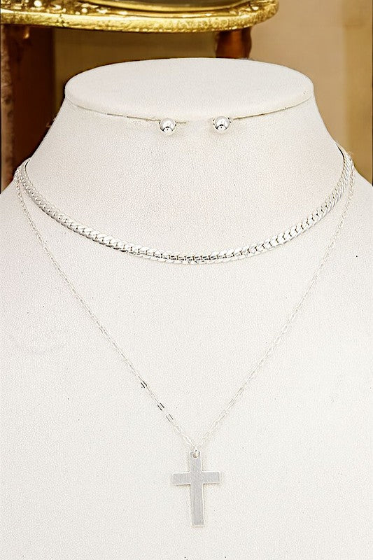 FLAT CHAIN CROSS PENDANT NEKCLACE SET