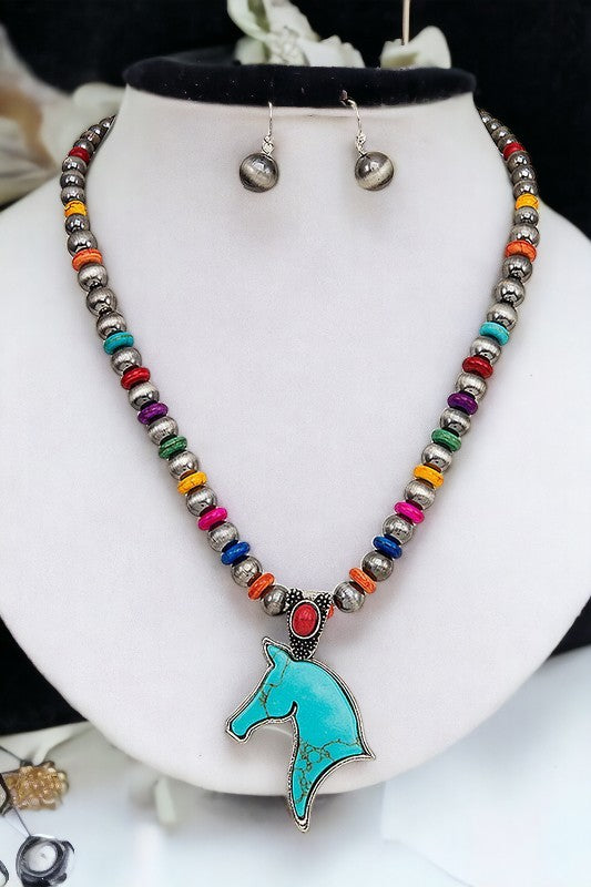 Horse Head Gemstone Bead Necklace Set