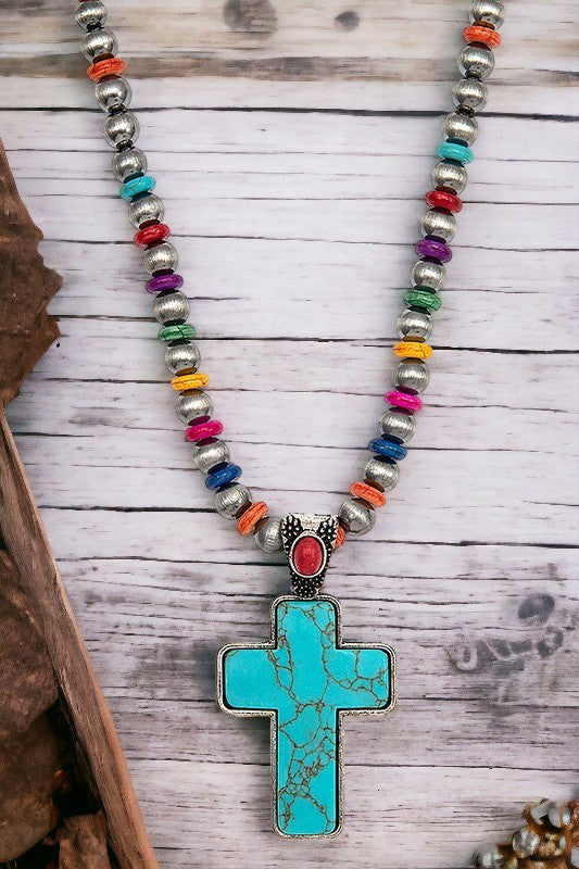 Gemstone Bead Cross Pendant Necklace Set