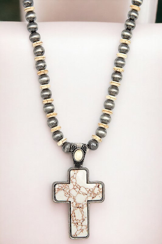 Gemstone Bead Cross Pendant Necklace Set