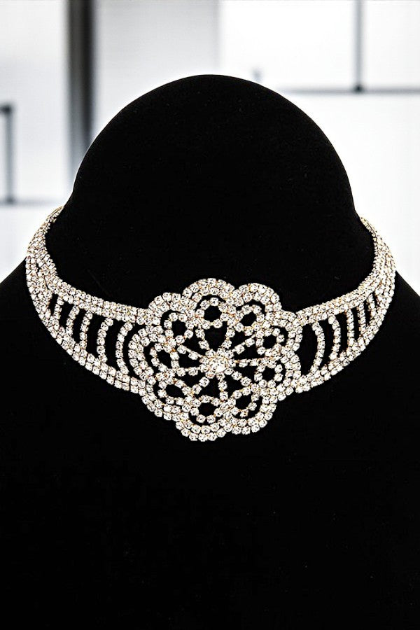 FLORAL ORNATE RHINESTONE PAVE CHOKER NECKLACE
