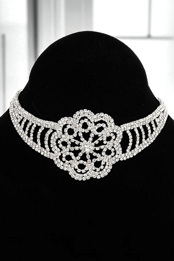 FLORAL ORNATE RHINESTONE PAVE CHOKER NECKLACE