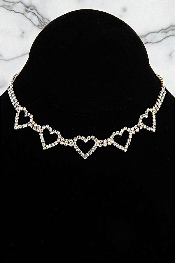 RHINESTONE PAVE HEART LINK CHOKER NECKLACE